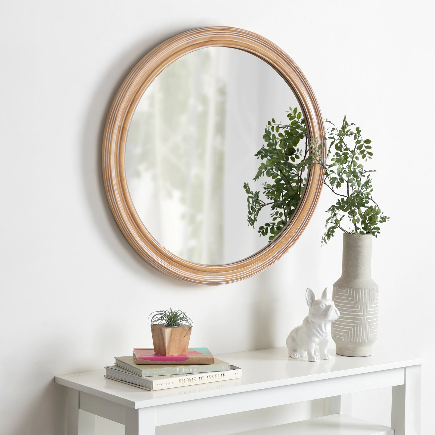 Round Wood Mirror with Ribbed Detail, Bedroom Decorative Circle Mirror Wall Decor - PAIHOME