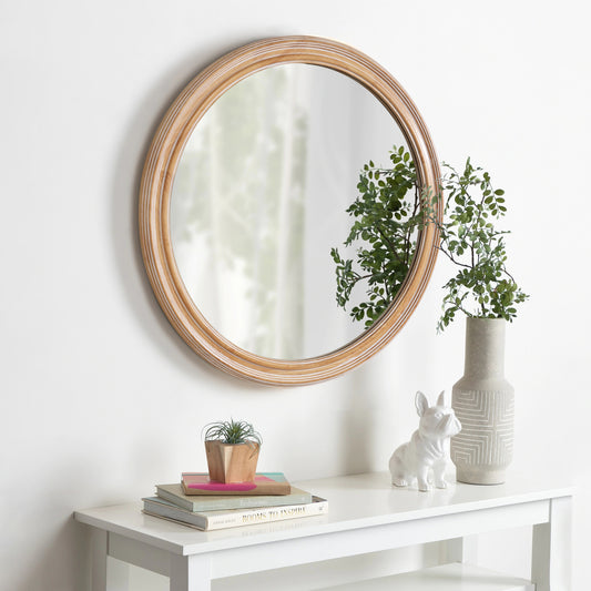 Round Wood Mirror with Ribbed Detail, Bedroom Decorative Circle Mirror Wall Decor - PAIHOME