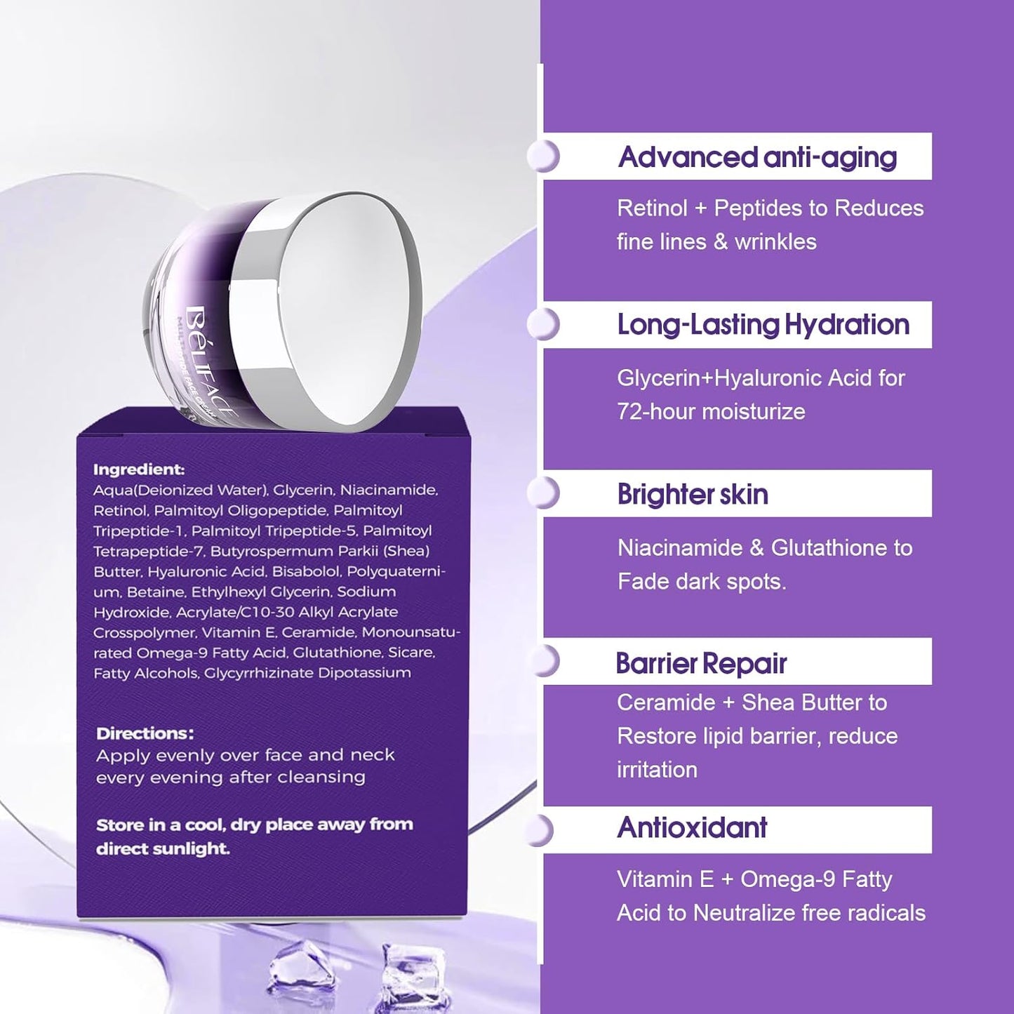 Beliface Face Moisturizer: Anti-Aging Wrinkle Repair, Night Hydration for All Skin—Retinol, Peptides, Hyaluronic Acid, Niacinamide, Ceramides—1.7oz