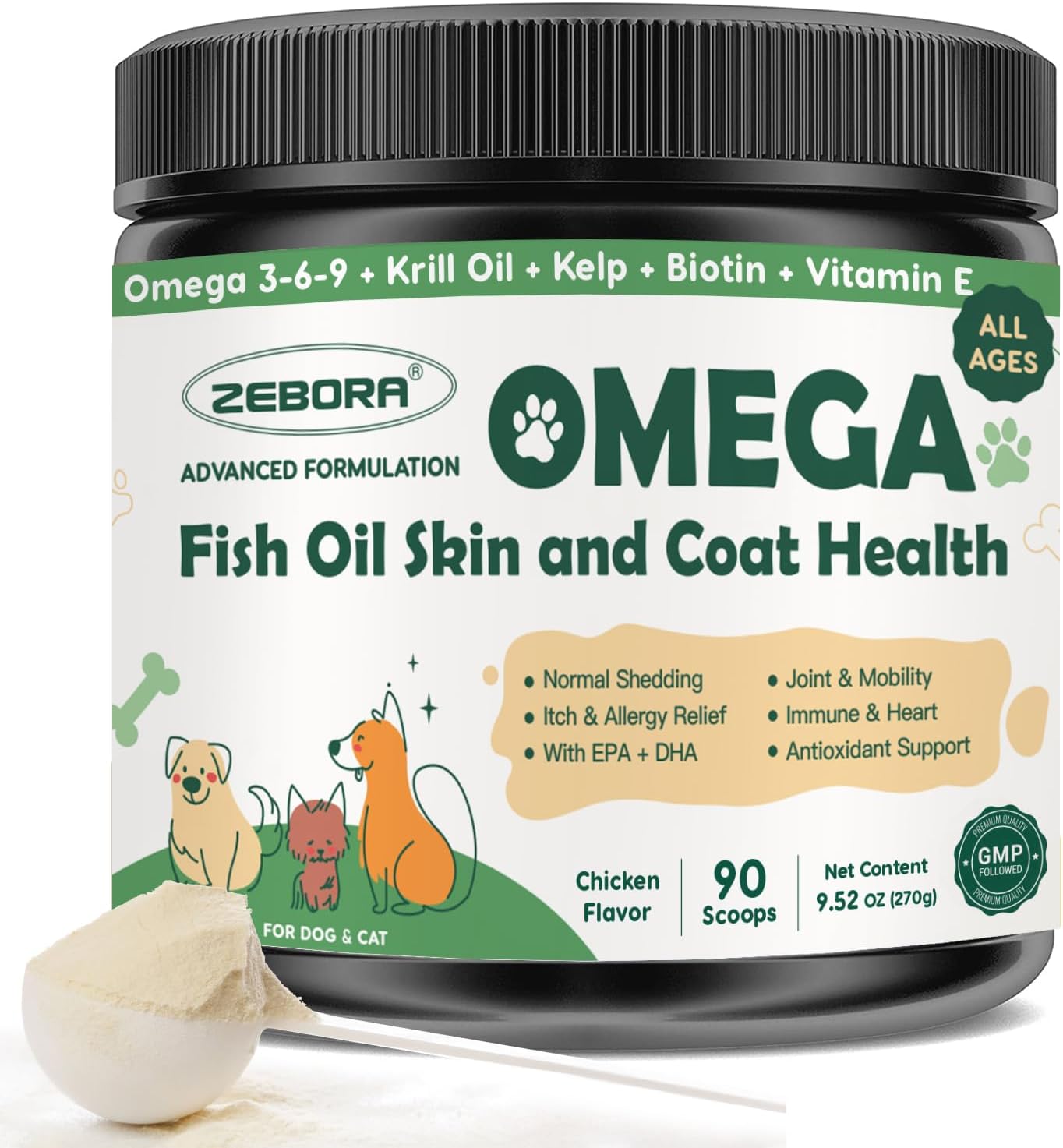 ZEBORA Dog Omega-3 with fish oil, krill & kelp. EPA & DHA support skin, coat, joints & allergies. Reduces itch & shedding - 90 scoops