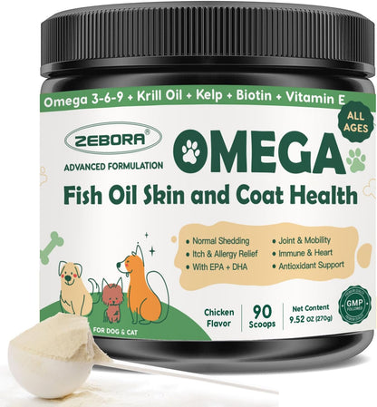 ZEBORA Dog Omega-3 with fish oil, krill & kelp. EPA & DHA support skin, coat, joints & allergies. Reduces itch & shedding - 90 scoops