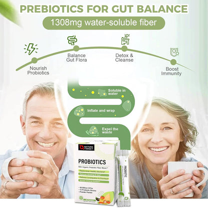 NATURE TARGET Probiotics for Women & Men & Kids 60 Billion CFUs 13 Strains - Prebiotics and Probiotics - 30 Packets