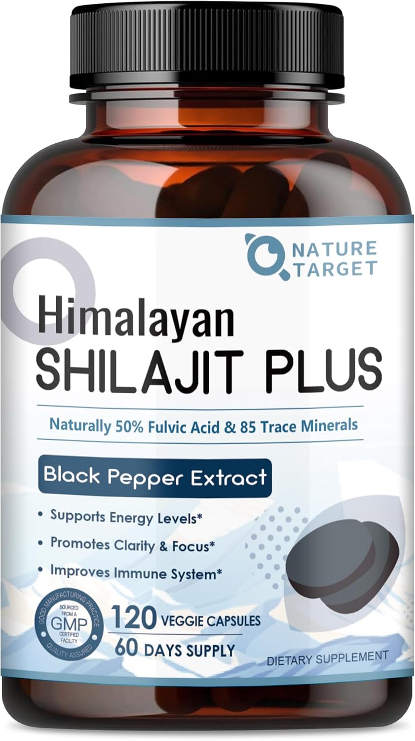 NATURE TARGET Himalayan Shilajit: 500mg Max Potency Fulvic Acid & Trace Minerals for Energy Boost – 120 Capsules