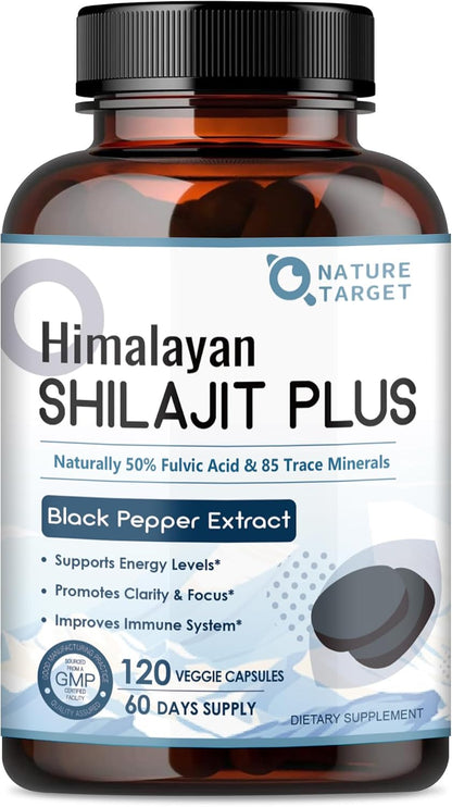 NATURE TARGET Himalayan Shilajit: 500mg Max Potency Fulvic Acid & Trace Minerals for Energy Boost – 120 Capsules