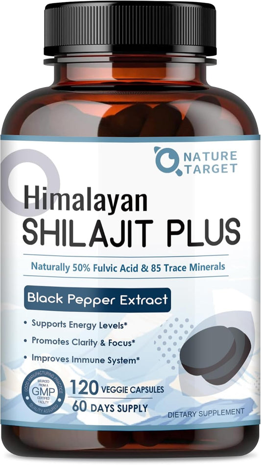NATURE TARGET Himalayan Shilajit: 500mg Max Potency Fulvic Acid & Trace Minerals for Energy Boost – 120 Capsules