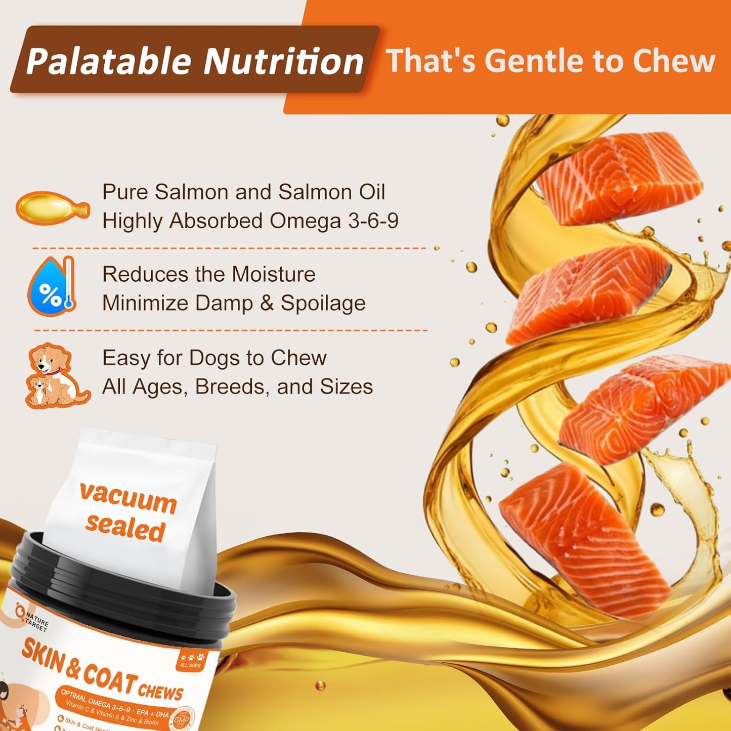 NATURE TARGET Dog Omega-3: 120 chews with omega 3-6-9 (EPA/DHA), zinc, biotin & vitamins E&C. Soothes itchy skin, supports coat & joints.