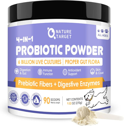 NATURE TARGET Dog Probiotics: 6B CFU Probiotics powder with probiotics, prebiotics & enzymes. Supports gut health, relieves diarrhea - 90 scoops