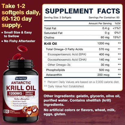 Krill Oil 1200mg, Antarctic Krill Oil Omega 3 Supplement with EPA, DHA，Astaxanthin & Phospholipids for Heart & Brain & Joint Health, No Fishy Aftertaste,120 Softgels (60 Servings)