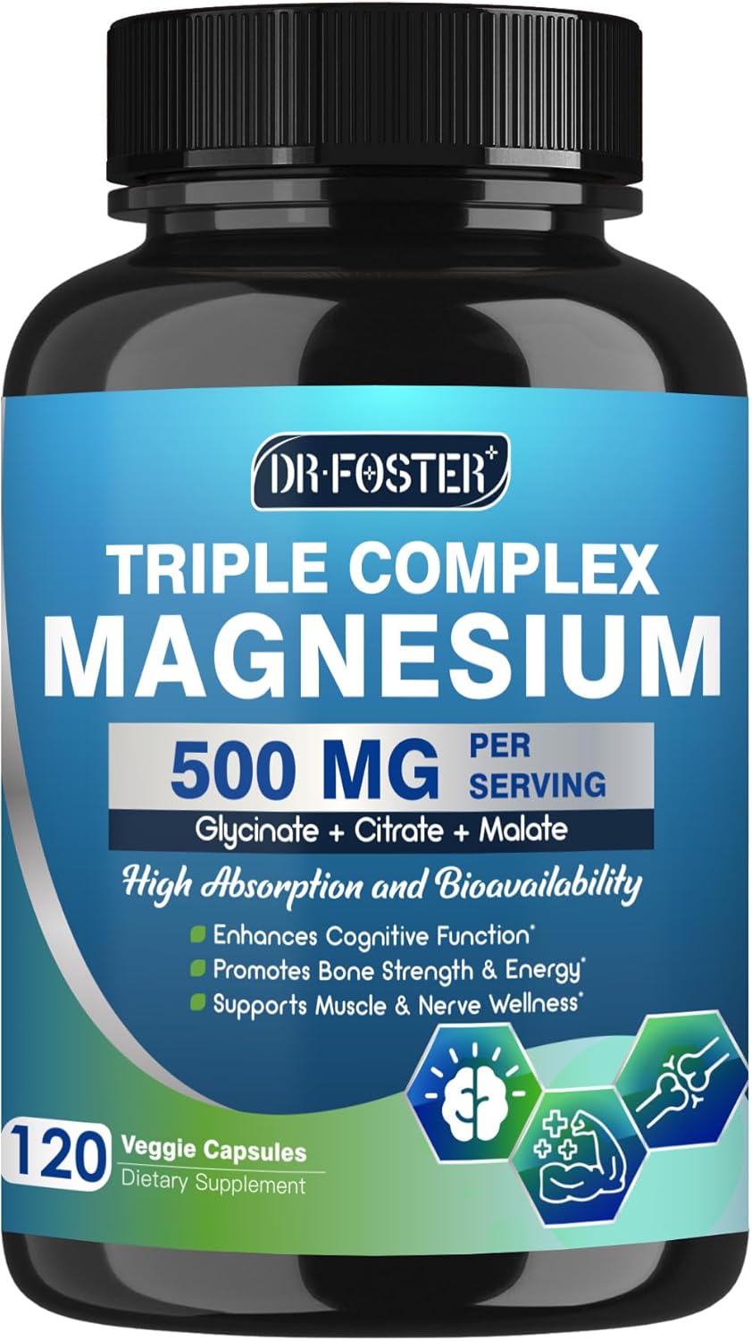 Magnesium Complex 500mg with Zinc & Vitamin D for Brain, Bone & Muscle Health, Magnesium Glycinate, Citrate & Malate, High Absorption Magnesium Supplement for Women & Men, 120 Vegan Capsules