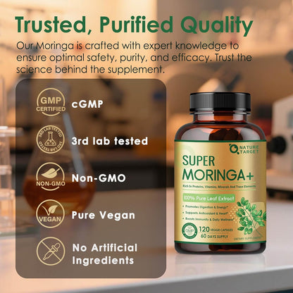 NATURE TARGET Moringa Caps: Boost Energy, Immunity, Joints, Skin—100% Pure Leaf Extract (Vit A,C,E, Ca, K, Fe, 9 Amino Acids, Antioxidants) - 120ct