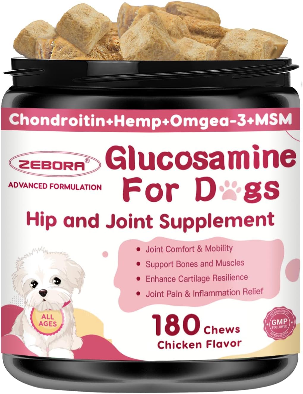 ZEBORA Dog Glucosamine – with chondroitin, MSM, hemp, turmeric, omega-3 & calcium; supports hip, joint, pain relief & skin health – 180 chews