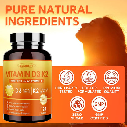 ZEBORA D3+K2: 5000 IU D3 + 100mcg K2 MK-7 for bone, teeth, heart & immune support – easy swallow, gluten-free - 120 caps