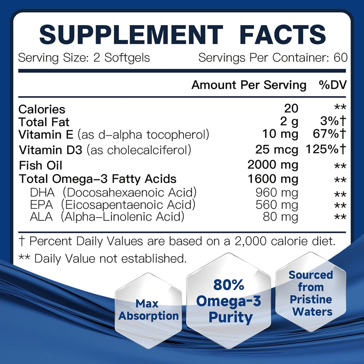 Advanced Omega-3 Fish Oil 2000mg – High Potency with DHA, EPA, ALA – Supports Heart, Brain, Joint & Immune Health – Enriched with Vitamin D3 & E for Antioxidant Protection – 120 Softgels