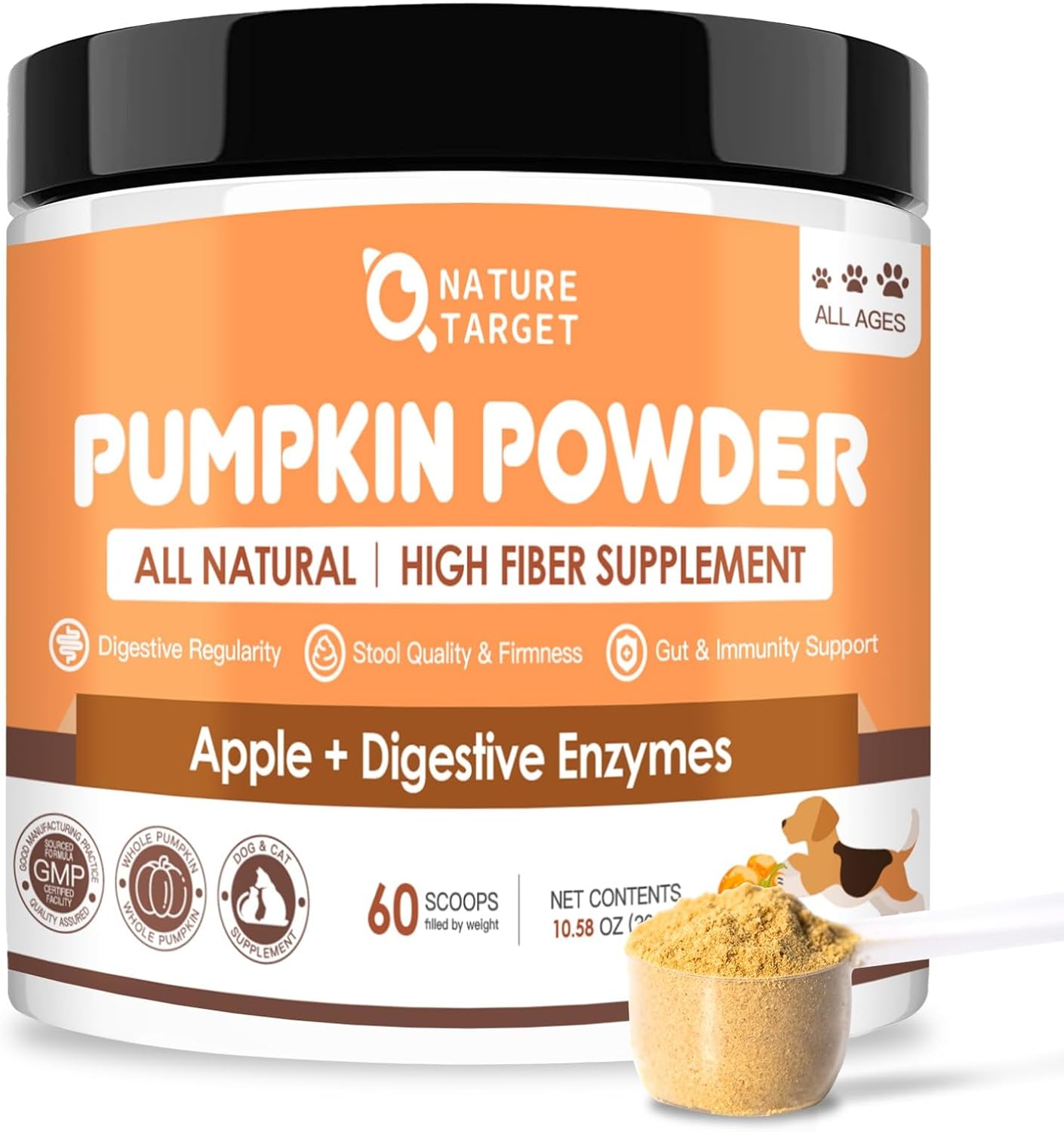 NATURE TARGET Dog Pumpkin: All-natural fiber with digestive enzymes & apple. Supports healthy stool, relieves diarrhea & constipation - 60 Scoops