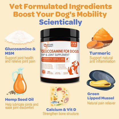 NATURE TARGET Dog Glucosamine — Supports hip & joint, relieves pain for all breeds — Glucosamine, Chondroitin, Omega‑3, MSM, Turmeric — 180 chews