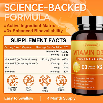 ZEBORA D3+K2: 5000 IU D3 + 100mcg K2 MK-7 for bone, teeth, heart & immune support – easy swallow, gluten-free - 120 caps
