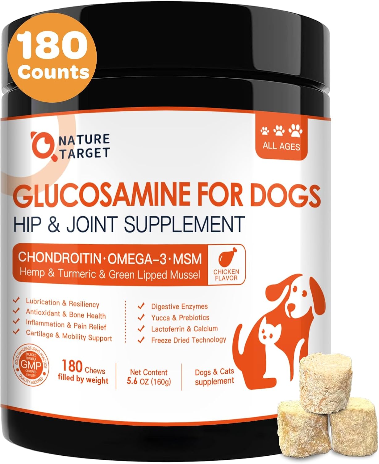 NATURE TARGET Dog Glucosamine — Supports hip & joint, relieves pain for all breeds — Glucosamine, Chondroitin, Omega‑3, MSM, Turmeric — 180 chews