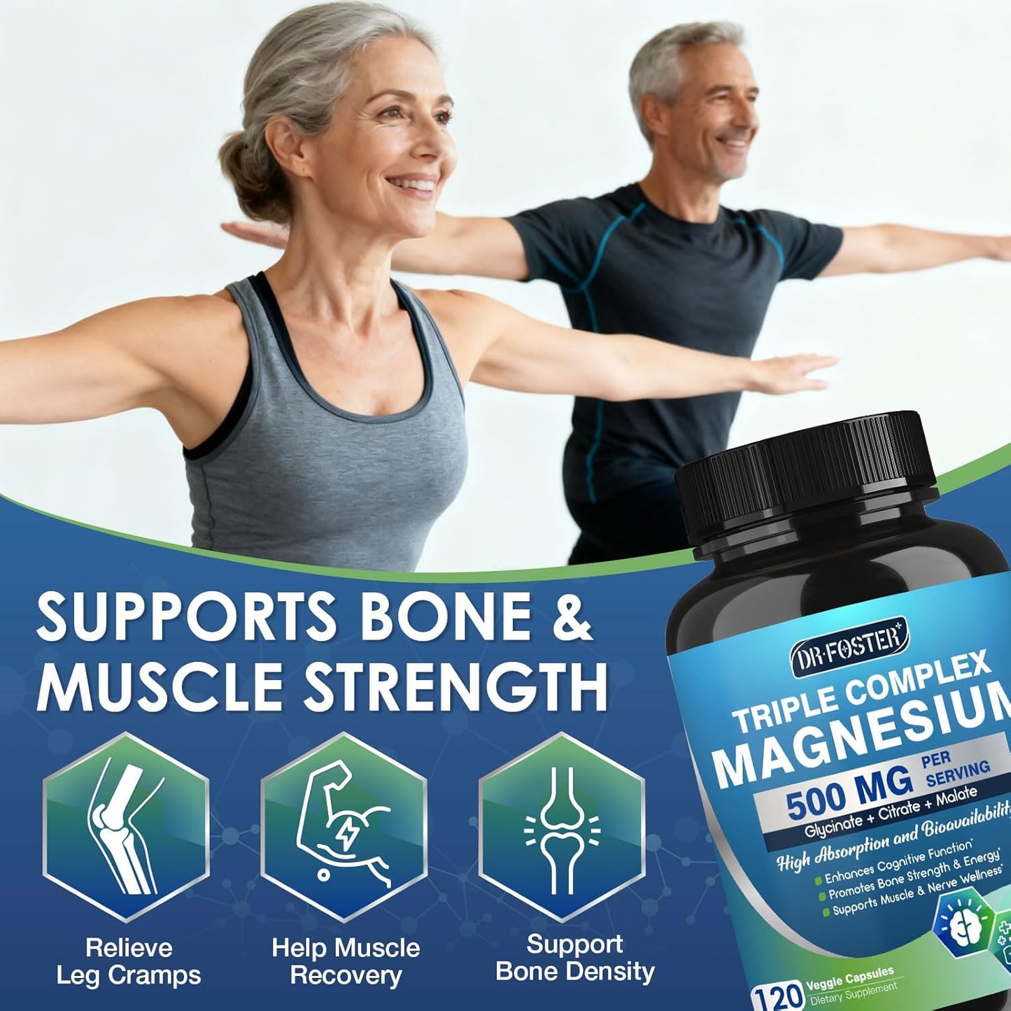 Magnesium Complex 500mg with Zinc & Vitamin D for Brain, Bone & Muscle Health, Magnesium Glycinate, Citrate & Malate, High Absorption Magnesium Supplement for Women & Men, 120 Vegan Capsules