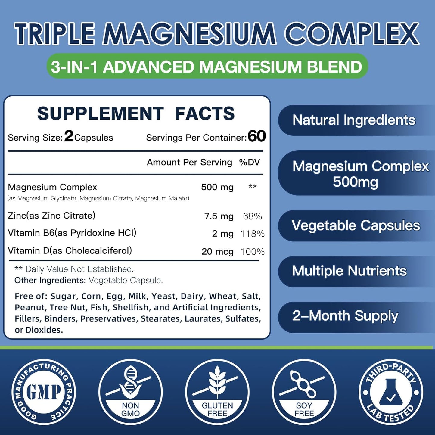 Magnesium Complex 500mg with Zinc & Vitamin D for Brain, Bone & Muscle Health, Magnesium Glycinate, Citrate & Malate, High Absorption Magnesium Supplement for Women & Men, 120 Vegan Capsules
