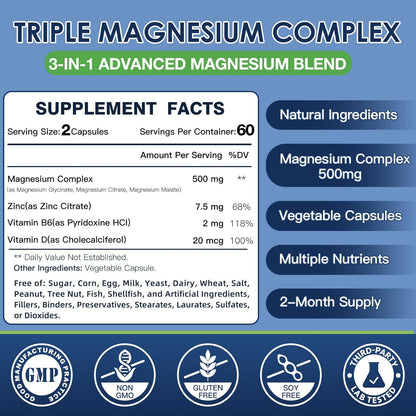 Magnesium Complex 500mg with Zinc & Vitamin D for Brain, Bone & Muscle Health, Magnesium Glycinate, Citrate & Malate, High Absorption Magnesium Supplement for Women & Men, 120 Vegan Capsules