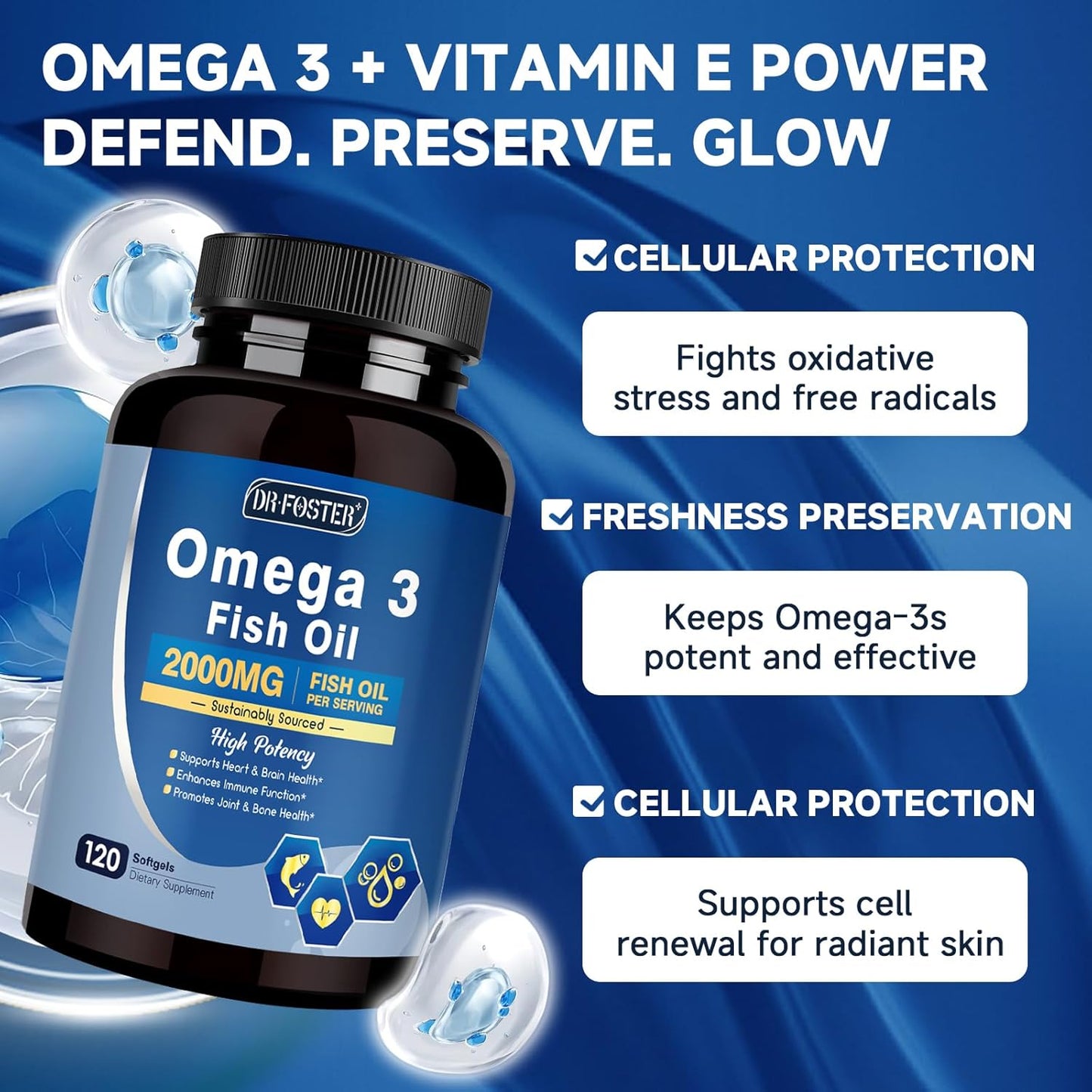Advanced Omega-3 Fish Oil 2000mg – High Potency with DHA, EPA, ALA – Supports Heart, Brain, Joint & Immune Health – Enriched with Vitamin D3 & E for Antioxidant Protection – 120 Softgels