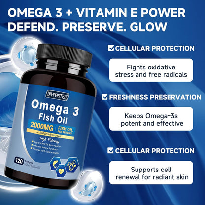 Advanced Omega-3 Fish Oil 2000mg – High Potency with DHA, EPA, ALA – Supports Heart, Brain, Joint & Immune Health – Enriched with Vitamin D3 & E for Antioxidant Protection – 120 Softgels