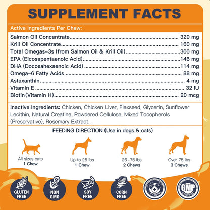 DRFOSTER Omega-3 Fish Oil for Dogs: salmon oil, EPA/DHA, astaxanthin, VitE. Boosts skin, coat, itch/allergy, shedding, hot spots, joints - 120chews