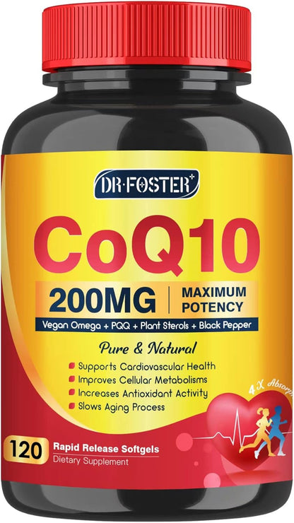 CoQ10 200mg Softgels with Vitamin E & Omega 3-6 -9 & PQQ - High Absorption Coenzyme Q10 with Bioperine | Maximum Antioxidant | Heart Supports & Cellular Energy Production Supplement | 120 Servings