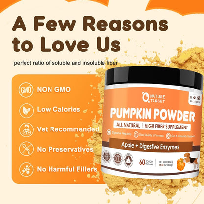 NATURE TARGET Dog Pumpkin: All-natural fiber with digestive enzymes & apple. Supports healthy stool, relieves diarrhea & constipation - 60 Scoops