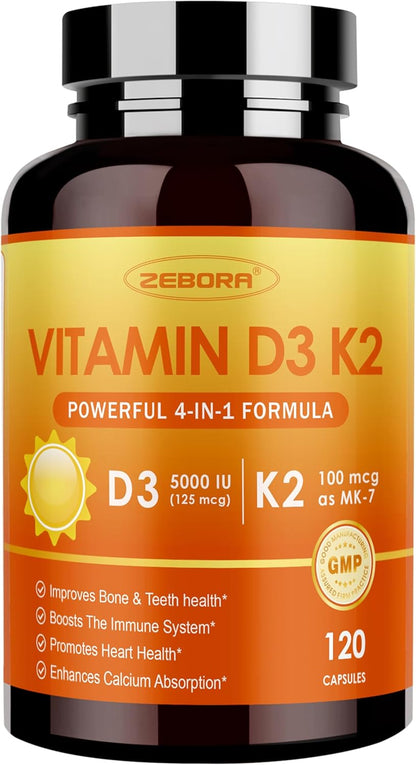 ZEBORA D3+K2: 5000 IU D3 + 100mcg K2 MK-7 for bone, teeth, heart & immune support – easy swallow, gluten-free - 120 caps