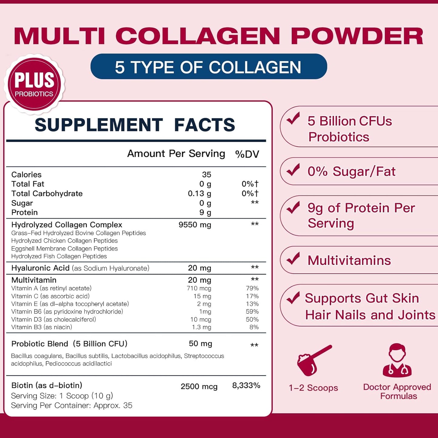 Multi Collagen Peptides Powder with Probiotics - Type I II III V X - Hydrolyzed Collagen Peptides with Multivitamins, Hyaluronic Acid & Biotin - Support Skin Hair Nail Joints & Gut, 35 Servings