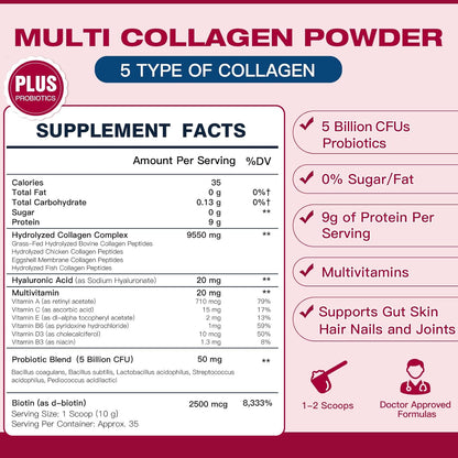 Multi Collagen Peptides Powder with Probiotics - Type I II III V X - Hydrolyzed Collagen Peptides with Multivitamins, Hyaluronic Acid & Biotin - Support Skin Hair Nail Joints & Gut, 35 Servings