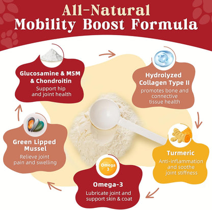 ZEBORA Dog Glucosamine with glucosamine, chondroitin, MSM, omega-3 & collagen. Relieves hip/joint pain, boosts mobility for all breeds - 270g