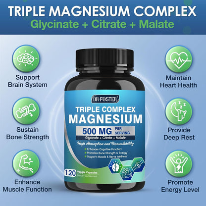 Magnesium Complex 500mg with Zinc & Vitamin D for Brain, Bone & Muscle Health, Magnesium Glycinate, Citrate & Malate, High Absorption Magnesium Supplement for Women & Men, 120 Vegan Capsules