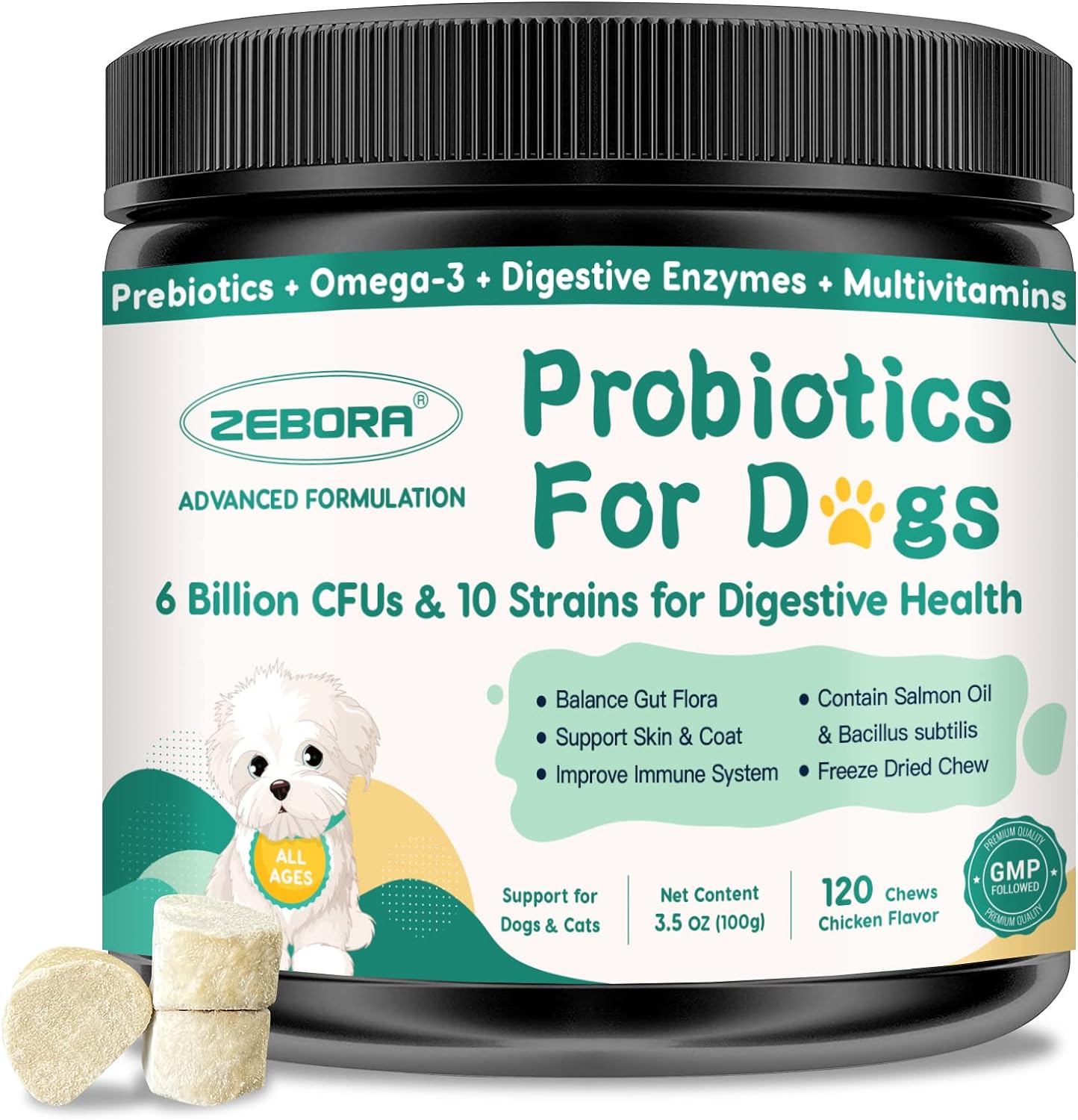 ZEBORA Dog Probiotics – 6billion CFUs with digestive enzymes, prebiotics, omega-3 & 6, vitamins for gut health, digestion & immunity – 120 chews