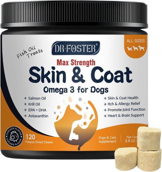 DRFOSTER Omega-3 Fish Oil for Dogs: salmon oil, EPA/DHA, astaxanthin, VitE. Boosts skin, coat, itch/allergy, shedding, hot spots, joints - 120chews