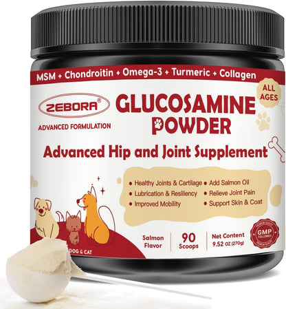 ZEBORA Dog Glucosamine with glucosamine, chondroitin, MSM, omega-3 & collagen. Relieves hip/joint pain, boosts mobility for all breeds - 270g