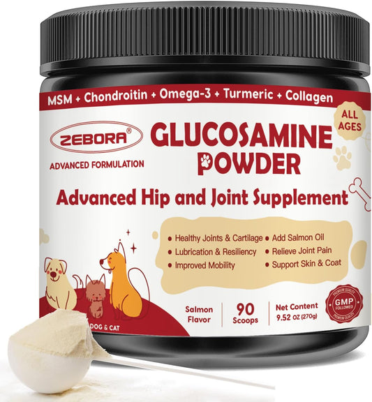 ZEBORA Dog Glucosamine with glucosamine, chondroitin, MSM, omega-3 & collagen. Relieves hip/joint pain, boosts mobility for all breeds - 270g