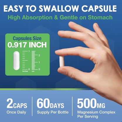 Magnesium Complex 500mg with Zinc & Vitamin D for Brain, Bone & Muscle Health, Magnesium Glycinate, Citrate & Malate, High Absorption Magnesium Supplement for Women & Men, 120 Vegan Capsules