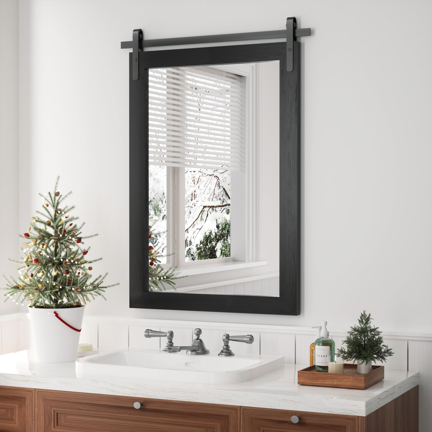 PAIHOME Bathroom Mirror with Wood Frame, Black Barn Door Vanity Mirror, Rectangle Wall Mirror, Rustic Farmhouse Wall Decor