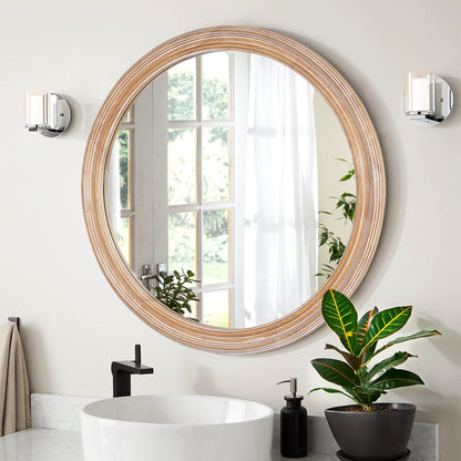 Round Wood Mirror with Ribbed Detail, Bedroom Decorative Circle Mirror Wall Decor - PAIHOME