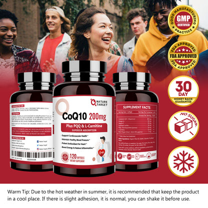 Nature Target CoQ10-200mg softgels +PQQ+L-Carnitine+Omega-3s, High Absorption with BioPerine, Supports Heart, Immune & Energy - 120 Servings