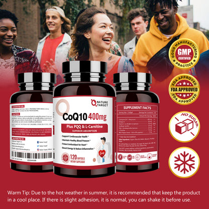 Nature Target CoQ10-400mg softgels+PQQ+Omega-3s+L-Carnitine+BioPerine, High Absorption, Heart/Brain/Immune/Energy-120 Servings