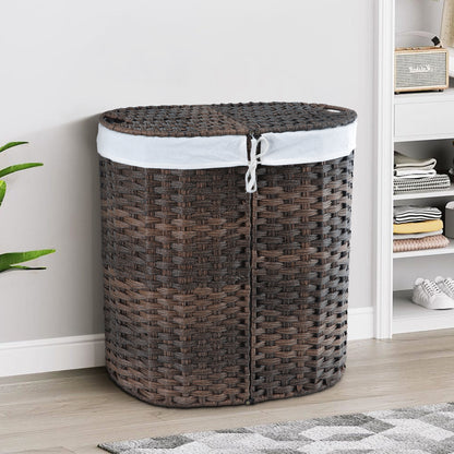 Woven Divided Laundry Hamper with Flip Lids and Removable Machine-Washable Liners - 2-Compartment Rattan-Style Basket for Bathroom, Bedroom, or Small Spaces
