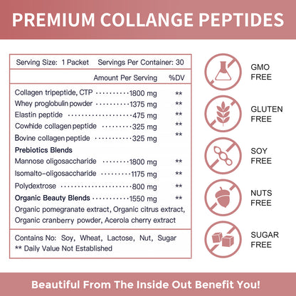 NATURE TARGET Multi Collagen Peptides (Types I, II, III, V, X), Hydrolyzed with Prebiotics, Sugar-Free, Supports Skin, Hair, Nail & Joint, Non-GMO - 30packets