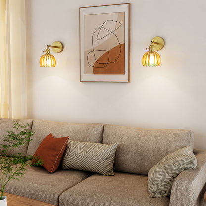 Gold Brass Wall Sconce with Rotating Steel Arm, Remote Control Wall Light, Tulip High-Transmittance Glass Shade for Bedroom