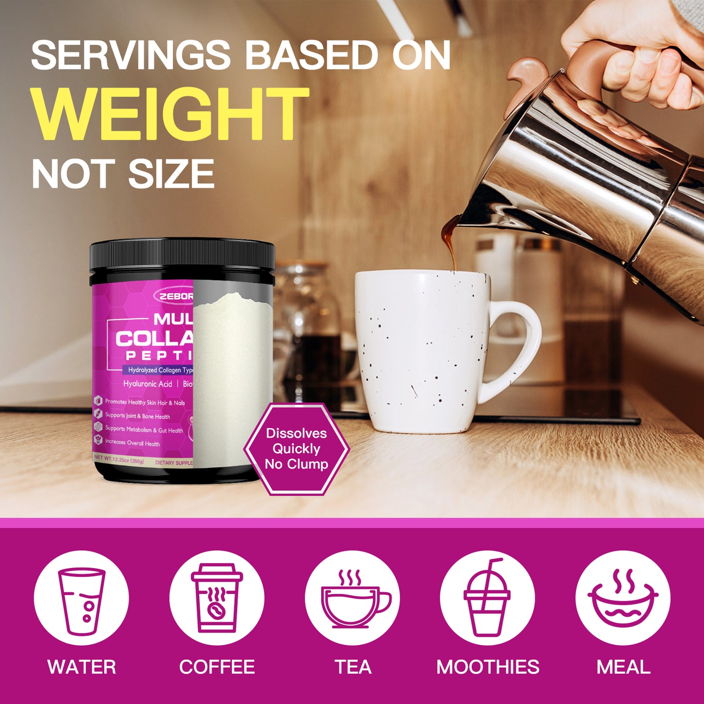 ZEBORA Multi Collagen Peptides: Hydrolyzed Coll(I-V,X)+HA+Biotin+Vit C – Supports Skin/Hair/Nails/Joints – 35 Servings