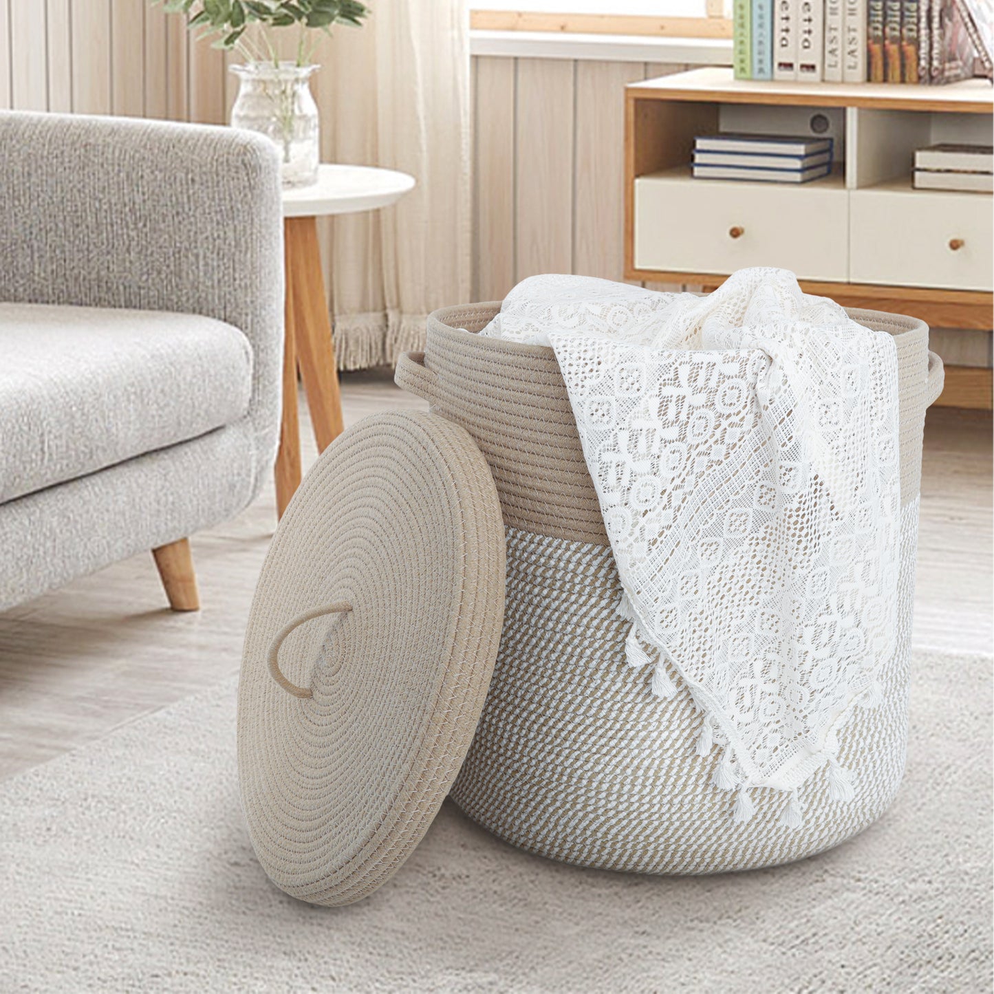 Woven Cotton Rope Storage Basket with Lid - Large Versatile Woven Hamper for Laundry, Blankets, Toys, and Home Organization