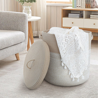 Woven Cotton Rope Storage Basket with Lid - Large Versatile Woven Hamper for Laundry, Blankets, Toys, and Home Organization
