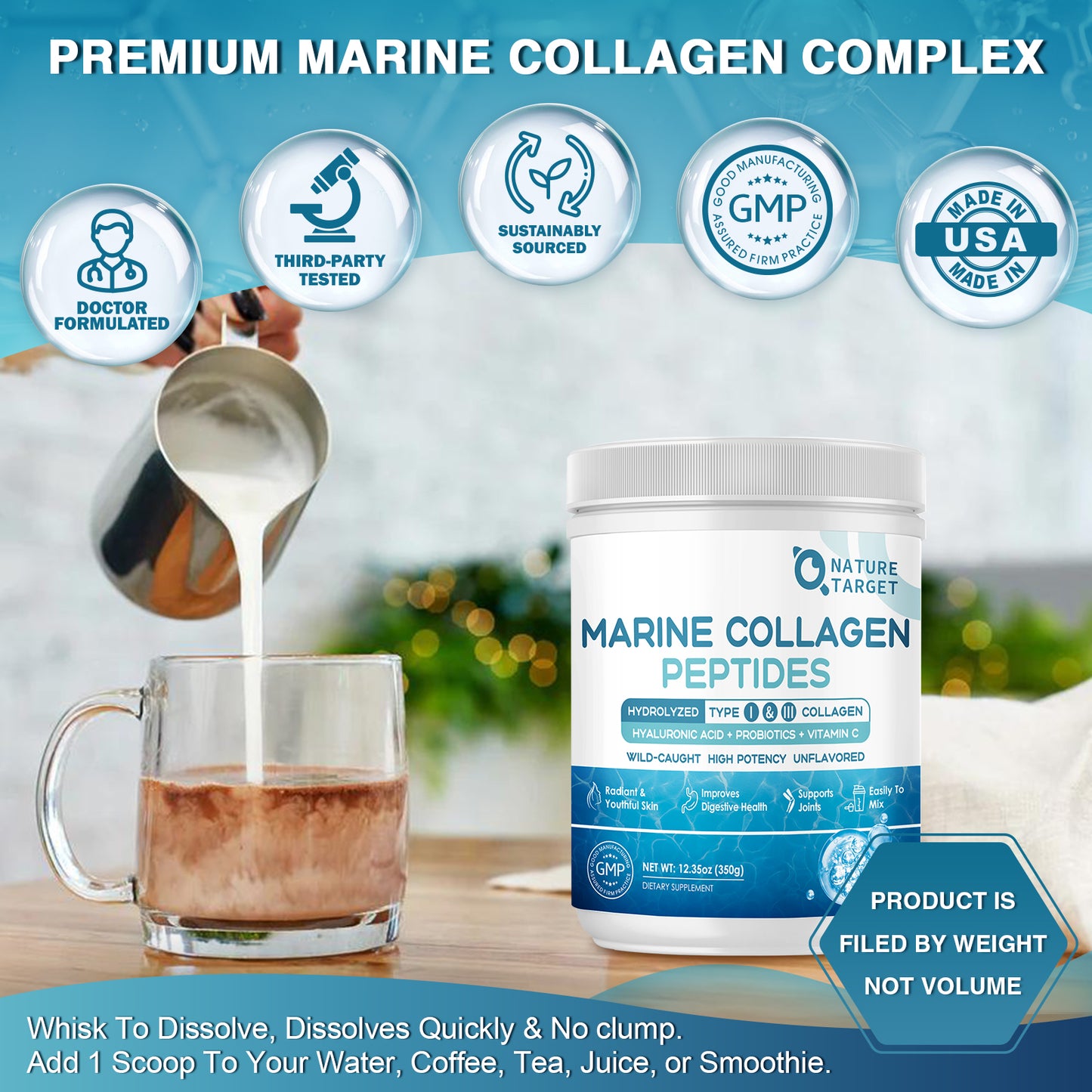 NATURE TARGET Marine Collagen Peptides Powder - Type I  III Collagen with Probiotics, Vitamin C & Hyaluronic Unflavored 35 Servings